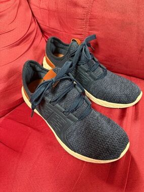 George Navy Knit Sneakers with Cream Soles and Brown Pull Tab